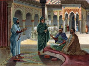 गायब राज्यों के दृश्य: ग्रेनाडा में अलहम्ब्रा पैलेस में मूरिश काउंसिल (मूरिश, अरबों को दिया गया नाम जो स्पेन के हिस्से पर कब्जा कर लिया था)। ग्रेनाडा अंतिम मूरिश राज्य है, जो १४८२ में समाप्त हुआ। १९वीं शताब्दी की क्रोमोलिथोग्राफी। द्वारा अज्ञात कलाकार