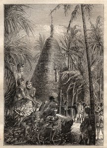 कैप्टन जेम्स कुक (1728-1779) द्वारा दूसरी यात्रा (1772-1775): पारंपरिक गोलाकार घर, काफी ऊंचाई (न्यू कैलेडोनिया) की छत पर - "18 वीं शताब्दी के महान नाविक" से लिया गया चित्रण। द्वारा अज्ञात कलाकार