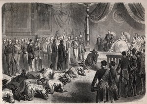 नेपोलियन III (1808-1873), यूजेनी (यूजेनिया डी मोंटिजो) की उपस्थिति में फॉनटेनब्लियू में एक गंभीर दर्शकों के दौरान सियाम के राजदूत फ्रांसीसी साम्राज्य परिवार की ओर रेंगते हैं द्वारा अज्ञात कलाकार