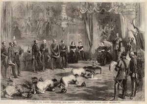 विंडसर कैसल की यात्रा के दौरान सियाम के राजदूत महारानी विक्टोरिया इरे (1819-1901) और प्रिंस अल्बर्ट (1819-1861) के पास रेंगते थे। ५ दिसंबर १८५७ के "द इलस्ट्रेटेड लंदन न्यूज" में उत्कीर्णन। द्वारा अज्ञात कलाकार
