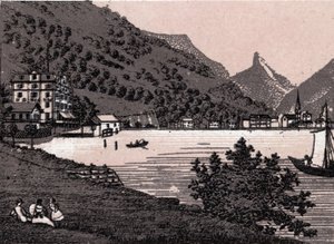 स्विट्ज़रलैंड: फ्लुलेन शहर का दृश्य। में "" दुनिया 168 विचारों को दर्शाती है "" अदिनांकित (19 वीं शताब्दी के अंत में) द्वारा अज्ञात कलाकार