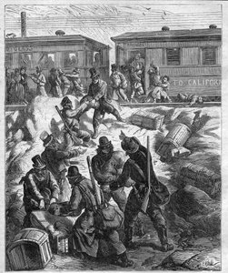 सुदूर पश्चिम ट्रेन का हमला - प्रशांत रेलवे - ट्रेन पर लुटेरों के मुखौटे द्वारा हमला - 1887 की उत्कीर्णन द्वारा अज्ञात कलाकार