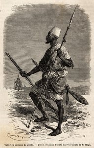 तालिब (कुरान का अध्ययन करने वाला एक युवा छात्र) एक युद्ध सूट में राजा अहमदू (टौकौलूर) की सेना से। 1863-1866 में लेफ्टिनेंट (नौसेना) के पश्चिमी सूडान की यात्रा को चित्रित करने के लिए उत्कीर्णन, 1863-1866 में, "ले टूर डू मोंडे, नोव्यू जर्नल डेस वॉयेज&qu द्वारा अज्ञात कलाकार