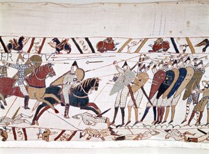हेस्टिंग्स की लड़ाई, विलियम I द कॉन्करर (1027 - 1087) द्वारा 14/10/1066 को जीती गई और जिसके दौरान इंग्लैंड के राजा हेरोल्ड द्वितीय की मृत्यु (1022 - 1066) हुई। बेयुक्स टेपेस्ट्री, जिसे क्वीन मैथिल्डे की कढ़ाई के रूप में जाना जाता है द्वारा अज्ञात कलाकार