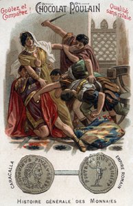 रोमन सम्राट काराकाल्ला (188-217) ने अपने भाई गेटा की अपनी मां की बाहों में हत्या कर दी। सिक्कों के सामान्य इतिहास में। 19वीं सदी के अंत की चॉकलेट-फ़ॉल्स क्रोमोलिथोग्राफी। निजि संग्रह। द्वारा अज्ञात कलाकार