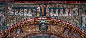 दिव्य यरूशलेम का दर्शन: स्वर्गदूतों द्वारा चुने हुए लोगों का स्वागत किया जाता है। नीचे, भगवान का मेमना। विवरण। 830 के आसपास मोज़ेक। सांता प्रसेदे, रोम के बेसिलिका का विजयी आर्क द्वारा अज्ञात कलाकार