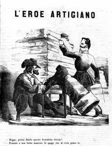 कारीगर हीरो विक्टर इमैनुएल II (विक्टर-इमैनुएल) (विटोरियो इमानुएल) - जोसेफ, आप इस बूट को कब खत्म करेंगे? गैरीबाल्डी - मुझे धागा याद मत करो, बाकी मैं सब कुछ संभाल लेता हूं। इल फिशियेटो द्वारा व्यंग्यात्मक नक्काशी द्वारा अज्ञात कलाकार