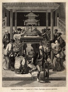 बुद्ध का बपतिस्मा, एक वार्षिक भोज जो चौथे महीने के 8वें दिन होता है, भक्तों ने इस अवसर के लिए मंदिरों के सामने बुद्ध की कांस्य प्रतिमा को पानी पिलाया। जापान की यात्रा को चित्रित करने के लिए उत्कीर्णन, एमी हम्बर्ट द्वारा, मिनो द्वारा अज्ञात कलाकार
