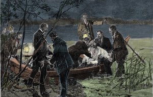 जून 1886 में बर्ग कैसल के पास लेक स्टर्नबर्ग में बाविएर विटल्सबैक (1845-1886) के लुई (लुडविग) II का शरीर डॉ। गुडन के साथ डूबा हुआ पाया गया द्वारा अज्ञात कलाकार