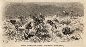 मिसोंघी रोड (पूर्वी अफ्रीका) पर हेनरी मॉर्टन स्टेनली के अभियान (1841-1904) के वाहकों के कारवां पर मधुमक्खियों के एक बादल ने हमला किया था। मध्य अफ्रीका में लिविंगस्टोन की खोज में यात्रा को चित्रित करने के लिए उत्कीर्णन, हेनरी स्टेनली, के संवाददाता द्वारा द्वारा अज्ञात कलाकार