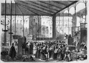 पेरिस का केंद्रीय बाजार: 1858 में मछली बाजार। द्वारा अज्ञात कलाकार