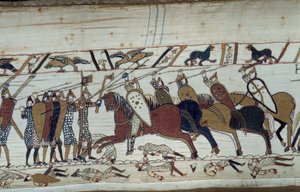 1066 में ड्यूक ऑफ नॉर्मंडी विलियम द कॉन्क्वेरेंट (1027-1087) द्वारा इंग्लैंड की विजय: सैक्सन घुड़सवार सेना के लिए नॉर्मन पैदल सेना का विरोध करने वाले हेस्टिंग्स की लड़ाई का दृश्य बेयॉक्स की टेपेस्ट्री या रानी मैथिल्डे की कढ़ाई का विवरण द्वारा अज्ञात कलाकार
