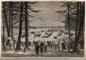को-युकोन (सह-युकोन या सह-यूकौक) (अत्यंत उत्तरी कनाडा की भारतीय जनजाति) में हिरन के शिकार के लिए मूंगा। अंग्रेजी कोलंबिया, वैंकूवर द्वीप और अलास्का में यात्रा और रोमांच को चित्रित करने के लिए उत्कीर्णन द्वारा फ्रेडरिक व्हिम्पर द्वारा अज्ञात कलाकार