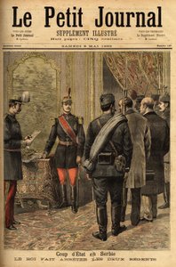 अलेक्जेंडर I ओब्रेनोविक (1876-1903) के 14/04/1893 को तख्तापलट ने अपने बहुमत की घोषणा की और रिस्टिच और बेलीमार्कोविच के रीजेंट्स के साथ-साथ पूर्व सरकार के सभी मंत्री भी थे। "" ले पेटिट जर्नल "" 6/05/1893 में उत्कीर्णन। सेल्वा का कॉलेज द्वारा अज्ञात कलाकार