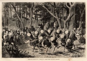 वर्ष के दसवें महीने में होने वाले चावल के दौर का नृत्य अनाज की फसलों से संबंधित है। 1863-1864 में स्विस परिसंघ के मंत्री एमे हम्बर्ट द्वारा जापान की यात्रा को चित्रित करने के लिए उत्कीर्णन, "ले टूर डू मोंडे" में प्रकाशित, अंड द्वारा अज्ञात कलाकार