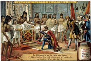 इंडीज के मार्ग की खोज: कालीकट के समुद्रिन द्वारा वास्को डी गामा का स्वागत, मई 1498 के अंत में - विज्ञापन शब्दचित्र लीबिग द्वारा अज्ञात कलाकार