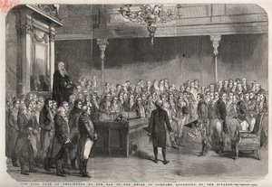 ड्यूक ऑफ वेलिंगटन (आर्थर वेलेस्ली (1769-1852) (ड्यूक ऑफ वेलिंगटन) हाउस ऑफ कॉमन्स के बार में विमेइरो, प्रायद्वीपीय युद्ध में उनकी जीत पर स्पीकर की बधाई प्राप्त करने के लिए खड़ा है। द्वारा अज्ञात कलाकार