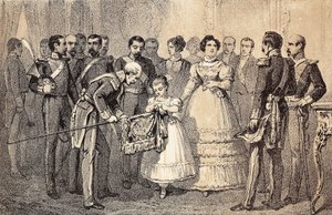 स्पेन की भविष्य की रानी इसाबेला II (बोर्बोन की इसाबेला) (1830-1904) (एस्पाना की इसाबेल II) ने स्पीयर्स ऑफ द गार्ड ऑफ द ऑर्डर ऑफ सेंट फर्डिनेंड (सैन फर्नांडो) के झंडे को सजाया। लिथोग्राफ। द्वारा अज्ञात कलाकार