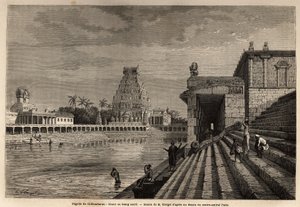 पांडिचेरी (पांडिचेरी) (भारत) के पास बंगाल की खाड़ी पर स्थित चिलंबरन शिवालय का घाट या पवित्र तालाब; कुछ फिदेल स्नान करने या सफाई करने के लिए स्मारकीय सीढ़ी से उतरते हैं। एक अभियान को चित्रित करने के लिए उत्कीर्णन द्वारा अज्ञात कलाकार
