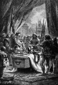 गवर्नर ने बर्ट्रेंड डू गुसेक्लिन (1320 - 1380) के ताबूत पर चेटेन्यूफ डी रैंडन की चाबियां रखीं, जो युद्ध के एक ब्रेटन आदमी और अंग्रेजी के खिलाफ एक फ्रांसीसी देशभक्त थे। 19वीं सदी की नक्काशी। द्वारा अज्ञात कलाकार