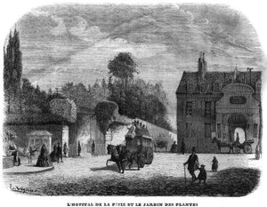 1858 में पेरिस में पिटी सालपेट्रीयर (PITIE-SALPETRIERE) का अस्पताल और पौधों का बगीचा। द्वारा अज्ञात कलाकार