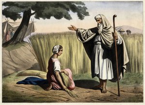 रूत और बोअज़ (बूज़) की मुलाकात, इस्राएल के राजा डेविड के दादा-दादी (1000-972 ईसा पूर्व)। 19वीं सदी के मध्य से अनाम उत्कीर्णन। द्वारा अज्ञात कलाकार