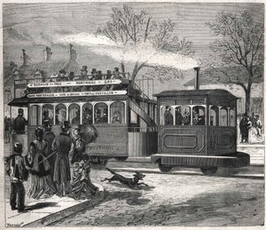 1876 में पेरिस में नई स्टीम ट्राम, सेंट-जर्मेन-डेस-प्रेज़ की लाइन पर चल रही थी, जो कि चैटिलन के दरवाजे पर थी, जिसमें बियानचेट्टी संग्रह उकेरा गया था। द्वारा अज्ञात कलाकार