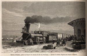 रेलवे के पास ओमाहा स्टेशन (नेब्रास्का) है, जो प्रशांत की ओर जाने वाली लाइनों का प्रारंभिक बिंदु है। 1867 में "अराउंड द वर्ल्ड, न्यू ट्रैवल जर्नल" में प्रकाशित, एमएल सिमोनिन द्वारा अमेरिकी सुदूर पश्चिम की यात्रा के चित्रण के लिए उत्कीर्ण, संपादित द्वारा अज्ञात कलाकार