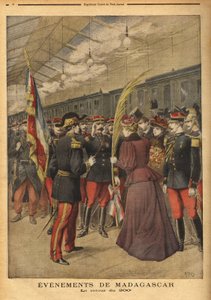 कर्नल ब्राइस बिज़ोट की 200 वीं रेजिमेंट (1848-1929) की पोर्ट वेंडर में वापसी, जहां पेर्पिग्नन की महिलाओं ने उन्हें अपनी वीरता का जश्न मनाने के लिए एक तिरंगा हथेली दी। "" ले पेटिट जर्नल "" 5/01/1896 में उत्कीर्णन। सेल्वा का संग्रह। द्वारा अज्ञात कलाकार