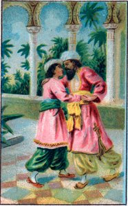 राजकुमार की वापसी। टेल "" मंत्रमुग्ध घोड़े का इतिहास "" "" द थाउज़ेंड एंड वन नाइट्स "" में (द १००१ नाइट्स या ले मिले ई उना नोट, अरेबियन नाइट्स)। 19 वीं शताब्दी के उत्तरार्ध की क्रोमोलिथोग्राफी। द्वारा अज्ञात कलाकार