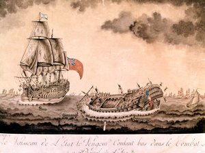 1/06/1794 को अंग्रेजी बेड़े द्वारा "बदला लेने वाला" का जहाज़ ब्रेस्ट से डूब गया। 18 वीं शताब्दी के अंत में उत्कीर्णन, 19 वीं शताब्दी की शुरुआत। द्वारा अज्ञात कलाकार