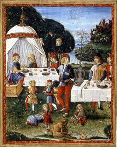 पार्क में मैक्सिमिलियन स्फोर्ज़ा (1490 - 1530) का नाश्ता। १५वीं शताब्दी की पांडुलिपि से लघुचित्र। मिलान, बिब्लियोटेका ट्रिवुलज़ियाना। द्वारा अज्ञात कलाकार