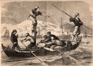 1862 में इटली में सिसिली के तट पर स्वोर्डफ़िश हापून मछली पकड़ने (पेस स्पाडा, स्वोर्डफ़िश)। 1862 से "ले मोंडे शानदार" में उत्कीर्णन। निजी संग्रह। द्वारा अज्ञात कलाकार