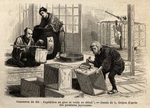 चाय का व्यापार: थोक और खुदरा शिपिंग। 1863-1864 में स्विस परिसंघ के मंत्री एमे हम्बर्ट द्वारा जापान की यात्रा को चित्रित करने के लिए उत्कीर्णन, "ले टूर डू मोंडे" "1869 में प्रकाशित, एडौर्ड चार्टन द्वारा संपादित, संस्करण हैचेट, पार द्वारा अज्ञात कलाकार