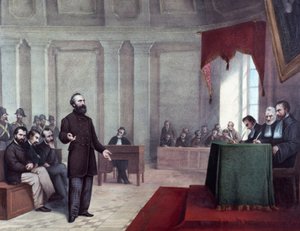 नेपोलियन III पर 14 जनवरी 1858 के हमले को अंजाम देने वाले फेलिस ओरसिनी (1819 - 1858) का मुकदमा। 19 वीं शताब्दी के अंत से लिथोग्राफ। मिलान निजी संग्रह | © लुइसा रिकियारिनी / लीमेज द्वारा अज्ञात कलाकार