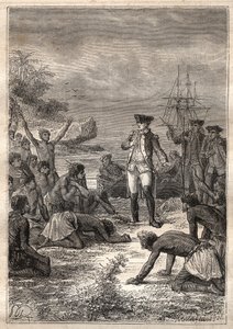 कप्तान जेम्स कुक (1728-1779) द्वारा तीसरी यात्रा (1776-1779): कुक का स्वागत मूल निवासी (हवाई) द्वारा किया जाता है - "18 वीं शताब्दी के महान नाविक" से लिया गया चित्रण। द्वारा अज्ञात कलाकार