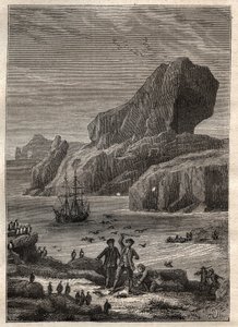 कैप्टन जेम्स कुक (1728-1779) द्वारा तीसरी यात्रा (1776-1779): केर्गुएलन के द्वीप (केर्गुएलन द्वीपसमूह, अंटार्कटिका) - "18 वीं शताब्दी के महान नाविक" से लिया गया चित्रण। द्वारा अज्ञात कलाकार