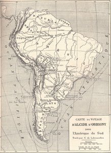 दक्षिण अमेरिका में Alcide d'Orbiny का यात्रा मानचित्र द्वारा अज्ञात कलाकार