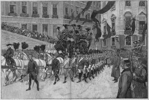 वियना 1889: प्रिंस रोडोल्फ (हैब्सबर्ग के आर्कड्यूक रोडोल्फ (1858 - 1889), ऑस्ट्रिया के क्राउन प्रिंस।) का अंतिम संस्कार फ्रांसीसी दूतावास के सामने जुलूस। द्वारा अज्ञात कलाकार