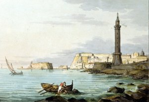 बंदरगाह से नेपल्स का दृश्य। बाईं ओर Castel dell'Ovo खड़ा है। 1830 से जल रंग। द्वारा अज्ञात कलाकार