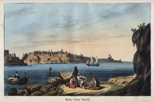 19वीं शताब्दी में वैलेटटा (माल्टा) का दृश्य - ब्रह्मांड के सभी लोगों के "" रीति-रिवाजों और परंपराओं से उत्कीर्णन। यानी सरकार का इतिहास, कानूनों का, मिलिशिया का, सभी राष्ट्रों के धर्म का सबसे दूरस्थ समय से लेकर आज तक "1856 द्वारा अज्ञात कलाकार