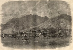 हांगकांग में विक्टोरिया सिटी का दृश्य। 14 मार्च के "" द इलस्ट्रेटेड लंदन न्यूज "" में उत्कीर्णन द्वारा अज्ञात कलाकार