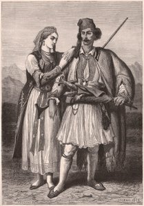 XIX सदी में अल्बानियाई पारंपरिक पोशाक में एक जोड़े का दृश्य द्वारा अज्ञात