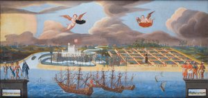 भारत में ट्रेंक्यूबार की डेनिश कॉलोनी का दृश्य, c.1658 (कैनवास पर तेल) द्वारा अज्ञात कलाकार