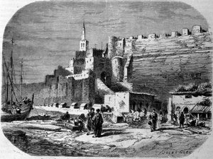 गढ़वाले शहर टैंजियर और तट, मोरक्को के बंदरगाह का दृश्य। 1860 से उत्कीर्णन। द्वारा अज्ञात कलाकार