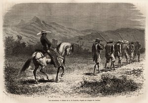 कैली के रास्ते में स्वयंसेवक, पुरुषों की एक लंबी लाइन, जिसके हाथ उनकी पीठ के पीछे बंधे होते हैं, एक दूसरे से रस्सी से जुड़े होते हैं, एक रस्सी जो घोड़े पर एक सैनिक द्वारा पकड़ी जाती है, जो उन्हें एक सैन्य प्रशिक्षण शिविर में ले जाती है। न्यू ग्रास की यात्र द्वारा अज्ञात कलाकार