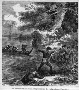 Durmont d'Urville से ओशिनिया (1826-1837) की यात्राएं - टोंगा द्वीप समूह के भीलों ने नावों में से एक पर हमला किया - "" उन्नीसवीं शताब्दी में महान यात्राओं के सुरम्य इतिहास "" में उत्कीर्ण। १८७७ द्वारा अज्ञात कलाकार