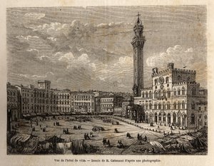 सिएना के टाउन हॉल स्क्वायर का दृश्य, 1865 में सिएना (इटली) की यात्रा को चित्रित करने के लिए उत्कीर्णन, "दुनिया भर में, नई यात्रा पत्रिका" में एडौर्ड चार्टन के निर्देशन में प्रकाशित द्वारा अज्ञात कलाकार