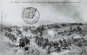 1870 का युद्ध: बवेरियन तोपखाने 01/09/1870 को अर्देनेस में मार्फे की ऊंचाई से स्थिति लेते हुए। 1870 . से उत्कीर्णन द्वारा अज्ञात कलाकार