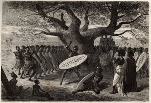लैंडिन्स या कैफ्रेस-ज़ूलस, एक सेना (ज़ाम्बीज़ नदी क्षेत्र, मोज़ाम्बिक) के योद्धा अभ्यास। 1840 से 1856 तक दक्षिणी अफ्रीका के लिए डॉ. लिविंगस्टोन की पहली यात्राओं को चित्रित करने के लिए उत्कीर्णन, "ले टूर डू मोंडे, नोव्यू जर्नल डेस वॉयेज" के तहत प् द्वारा अज्ञात कलाकार